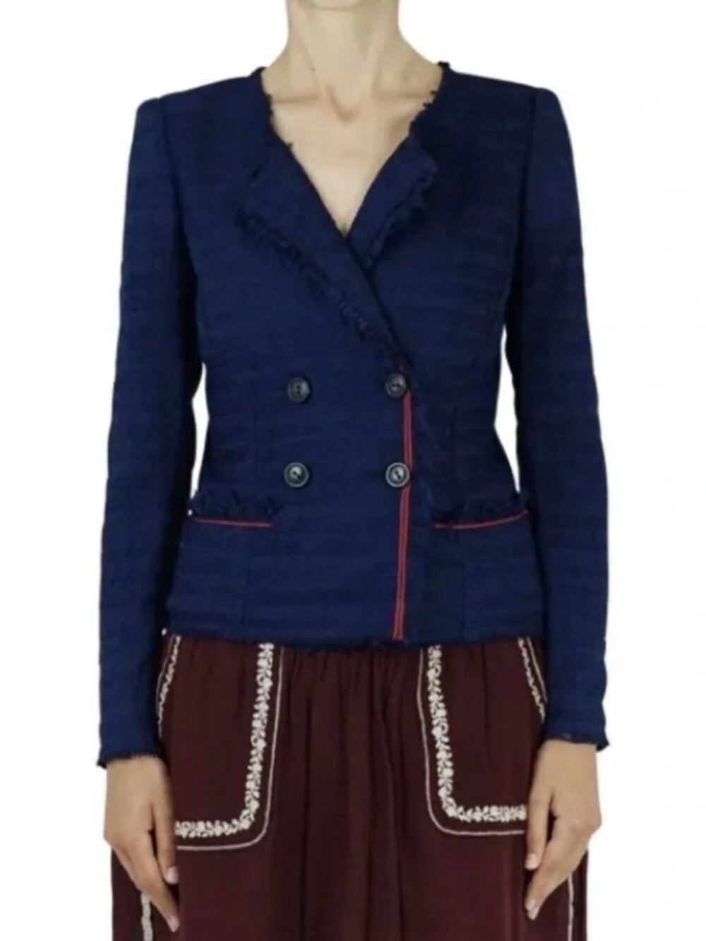 ISABEL MARANT ÈTOILE Tweed Flenn Jacket, Navy Collarless Size 44